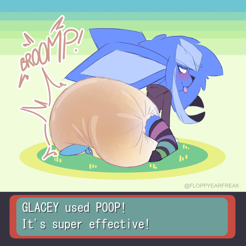 1:1 absurd_res ambiguous_gender anthro asymmetrical_hair big_diaper blue_body blue_hair blush bottomwear butt chibi clothed clothing diaper diaper_fetish diaper_fur diaperfurry duo eeveelution english_text feces filth floppyearfreak gameplay_mechanics generation_3_pokemon generation_4_pokemon glaceon gui hair hi_res hoodie huge_diaper infantilism kc_(kingcrazy) kingcrazy leggings legwear long_ears looking_back male_(lore) messy_diaper minun nintendo onomatopoeia padding pokemon pokemon_(species) pooping scat short_stack simple_background sitting sitting_on_another size_difference smile soiled_diaper soiling sound_effects teal_eyes text tongue tongue_out topwear wearing_diaper wide_hips