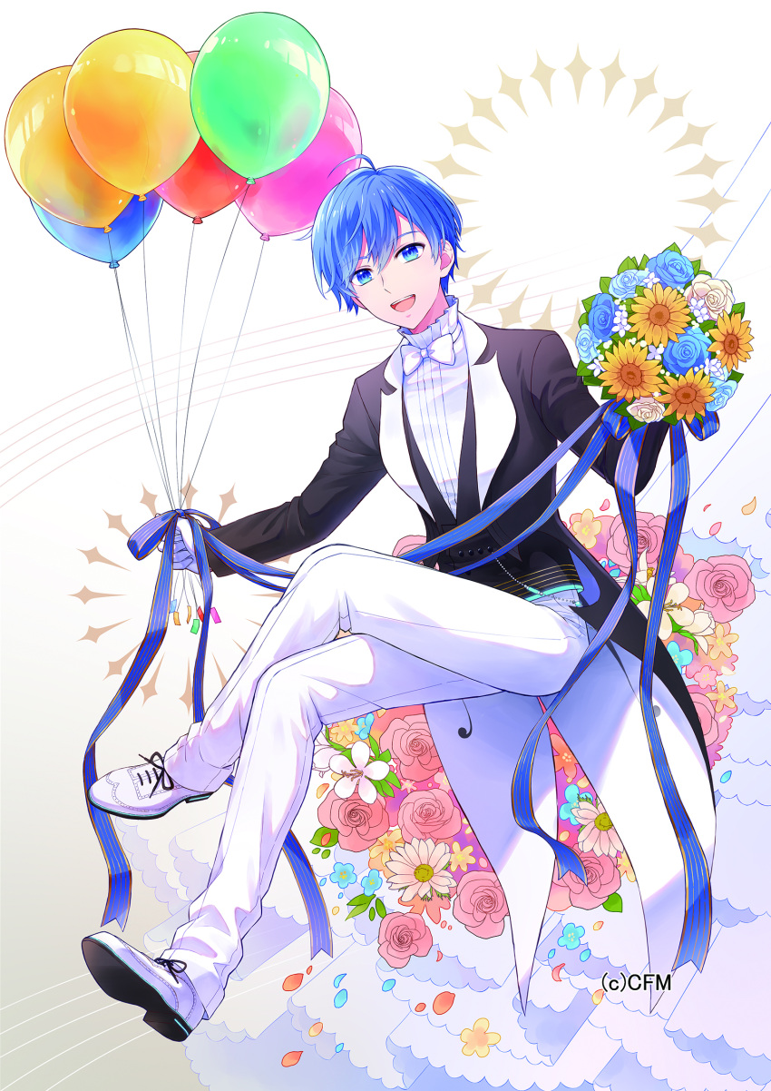 1boy aqua_flower aqua_rose azaka_(pipponao) balloon black_jacket black_vest blue_eyes blue_flower blue_hair blue_ribbon blue_rose bouquet bow bowtie circle clothing_cutout colorful crossed_legs crypton_future_media dress_shoes flower formal full_body gloves gold_trim gradient_background grey_background high_collar highres holding holding_balloon holding_bouquet jacket kaito_(vocaloid) leaf looking_at_viewer male_focus miku_symphony_(vocaloid) open_mouth orange_flower pant_suit pants petals pink_flower pink_rose ribbon rose shirt shoelaces shoes simple_background smile striped striped_ribbon suit suit_jacket sunflower tailcoat teeth triple_horizontal_stripe upper_teeth_only vest vocaloid white_background white_bow white_bowtie white_flower white_footwear white_gloves white_pants white_rose white_shirt wing_collar yellow_flower