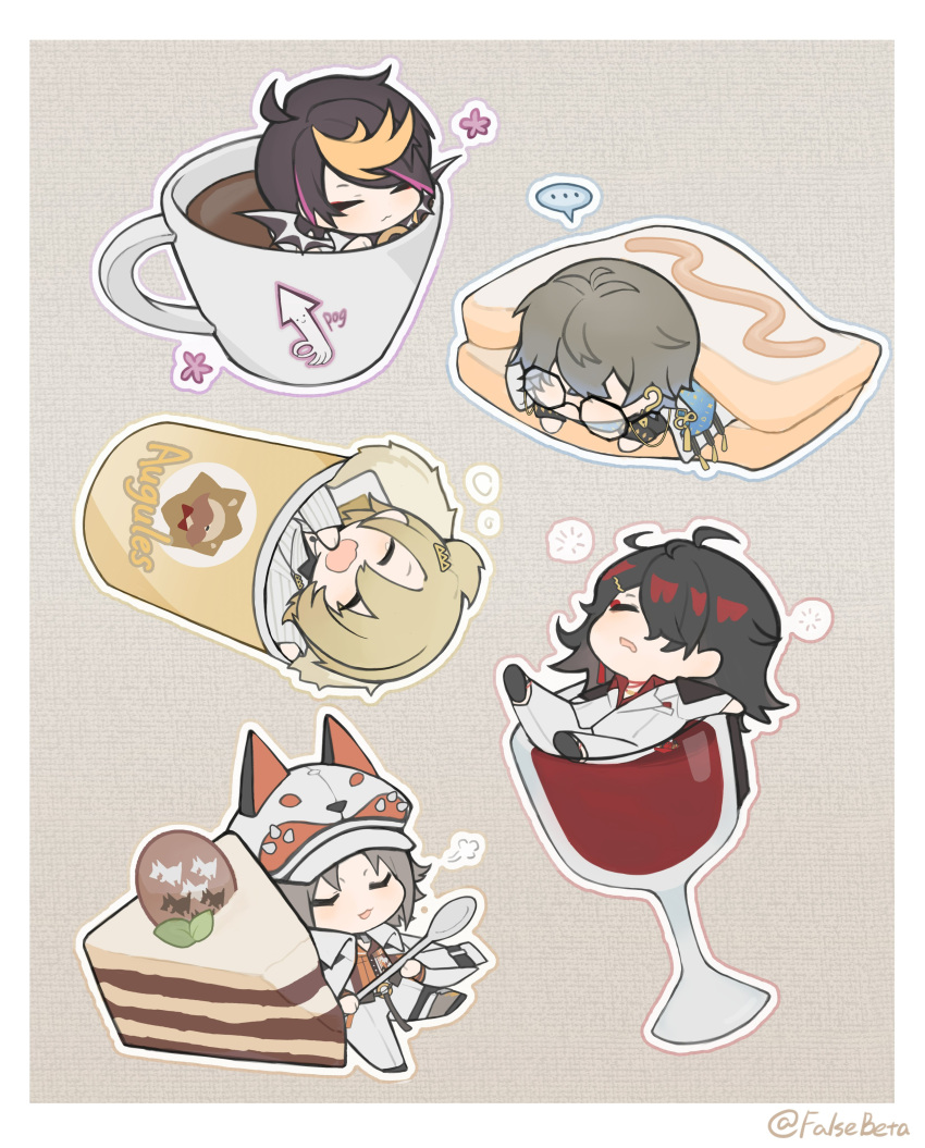 ... 5boys :3 =3 absurdres ahoge alcohol animal_hat bangs black-framed_eyewear black_hair blonde_hair blush border brown_background brown_hair cake cake_slice chibi closed_eyes closed_mouth coffee commentary crossed_bangs cup drinking_glass drooling english_commentary eyeshadow eyewear_strap falsebeta flower_(symbol) food fox_hat glasses gradient_hair grey_hair hair_ornament hair_over_one_eye hairclip hand_up hat highres holding holding_spoon ike_eveland in_container in_cup in_food jacket jacket_on_shoulders lapels leaf long_sleeves luca_kaneshiro luxiem lying makeup male_focus medium_hair miniboy mouth_drool mug multicolored_hair multiple_boys mysta_rias nijisanji nijisanji_en on_back one_eye_covered open_mouth orange_shirt outline pants parted_bangs pink_hair pinstripe_pattern red_eyeshadow red_hair red_shirt sandwich shirt short_hair short_sidetail shu_yamino sidelocks simple_background speech_bubble spoken_ellipsis spoon streaked_hair striped striped_jacket swept_bangs vertical-striped_jacket vertical_stripes virtual_youtuber vox_akuma white_border white_headwear white_jacket white_outline white_pants wine wine_glass wings yawning