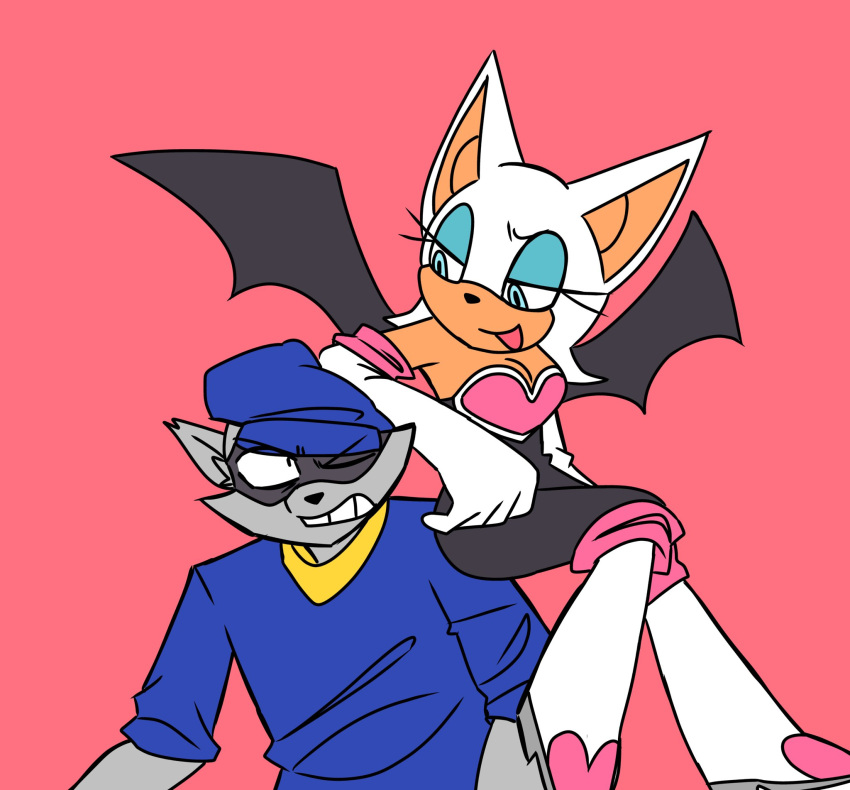 2022 anthro armwear bat breasts cleavage clothed clothing crossover duo elbow_gloves eyeshadow female footwear gloves handwear hi_res indi_lena makeup male mammal narrowed_eyes procyonid raccoon rouge_the_bat sega simple_background sly_cooper sly_cooper_(series) sonic_the_hedgehog_(series) sony_corporation sony_interactive_entertainment sucker_punch_productions wings