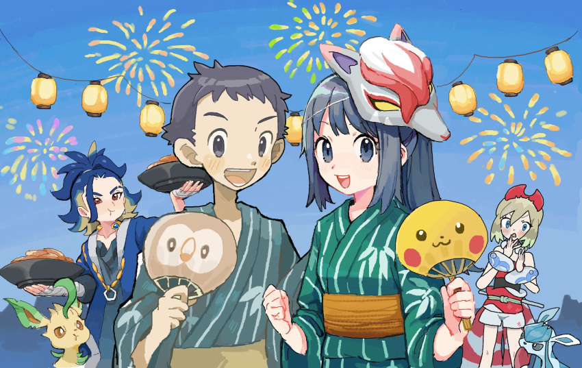 2boys 2girls :d :t adaman_(pokemon) akari_(pokemon) alternate_costume bangs blonde_hair blue_coat blue_hair blush bowl character_print closed_mouth coat commentary_request eating fireworks flute glaceon green_kimono hairband hand_fan hand_wraps highres holding holding_bowl holding_fan instrument irida_(pokemon) japanese_clothes kimono konoooc leafeon mask mask_on_head multiple_boys multiple_girls open_clothes open_coat open_mouth outdoors pikachu pokemon pokemon_(creature) pokemon_(game) pokemon_legends:_arceus ponytail rei_(pokemon) rowlet sash shirt short_hair shorts sky smile teeth tongue