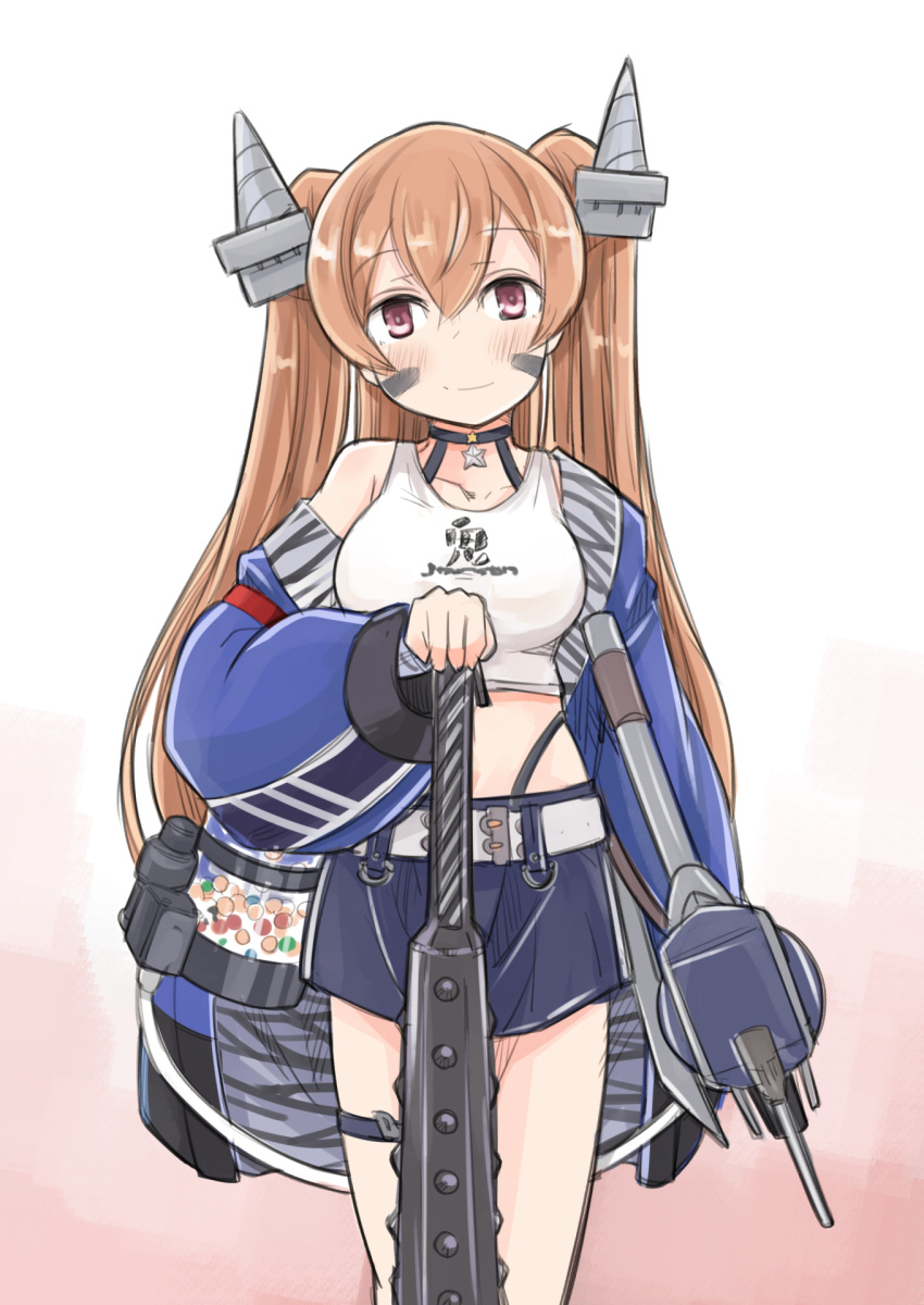 1girl adapted_costume belt black_panties black_skirt blue_jacket breasts brown_eyes club_(weapon) commentary_request commission cowboy_shot enjaku_izuku facepaint gradient_background highleg highleg_panties highres horns jacket johnston_(kancolle) kanabou kantai_collection light_brown_hair long_hair medium_breasts midriff official_alternate_costume oni_horns panties pink_background skirt solo spiked_club star_ornament tank_top two_side_up underwear weapon white_background white_belt white_tank_top