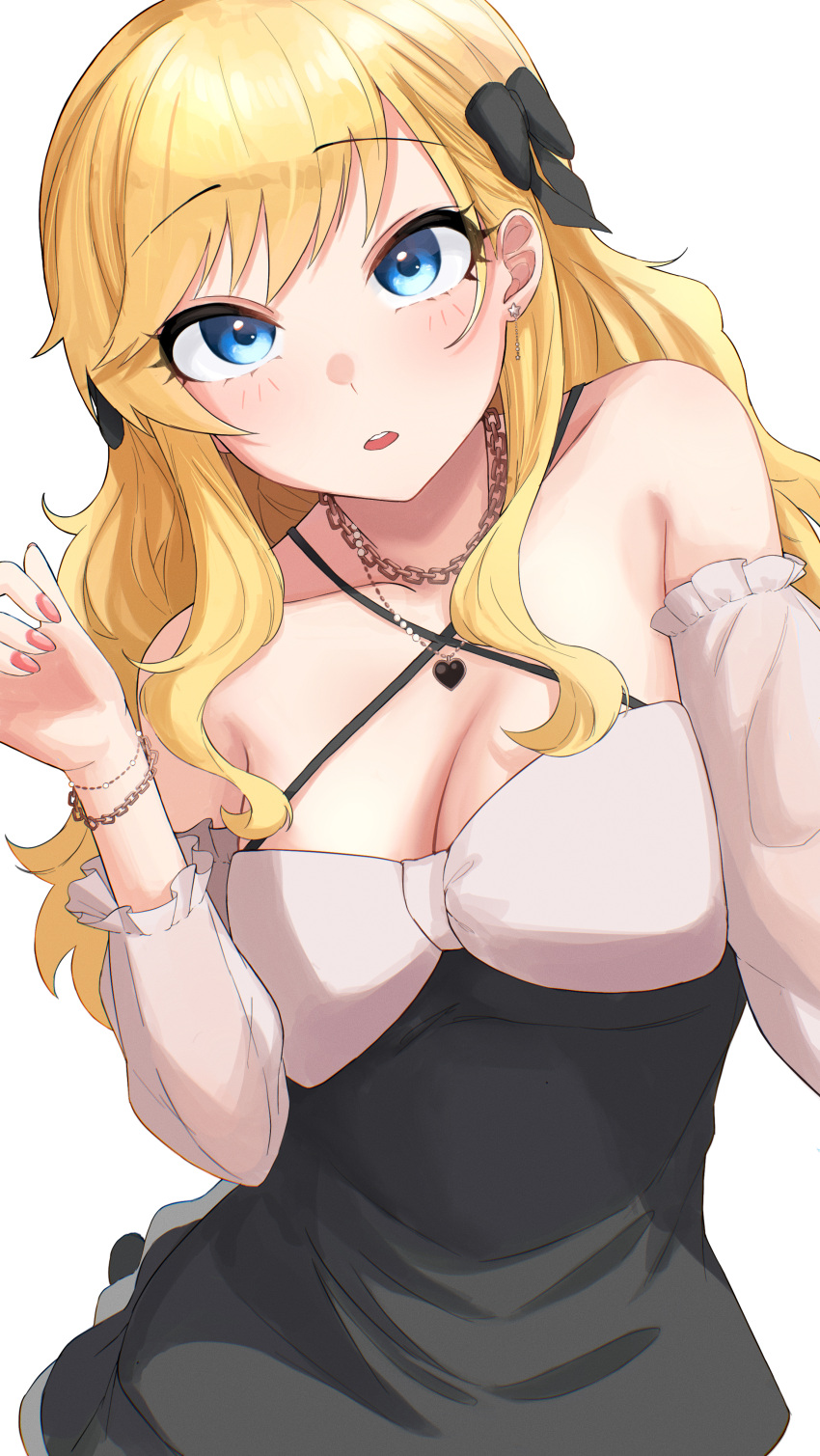 1girl :o absurdres ban_(puka_0507) blonde_hair blush bracelet breasts chain_necklace cleavage collarbone detached_sleeves dress fingernails highres idolmaster idolmaster_cinderella_girls idolmaster_cinderella_girls_starlight_stage jewelry looking_at_viewer medium_breasts nail_polish necklace ohtsuki_yui simple_background sleeveless sleeveless_dress solo wavy_hair white_background
