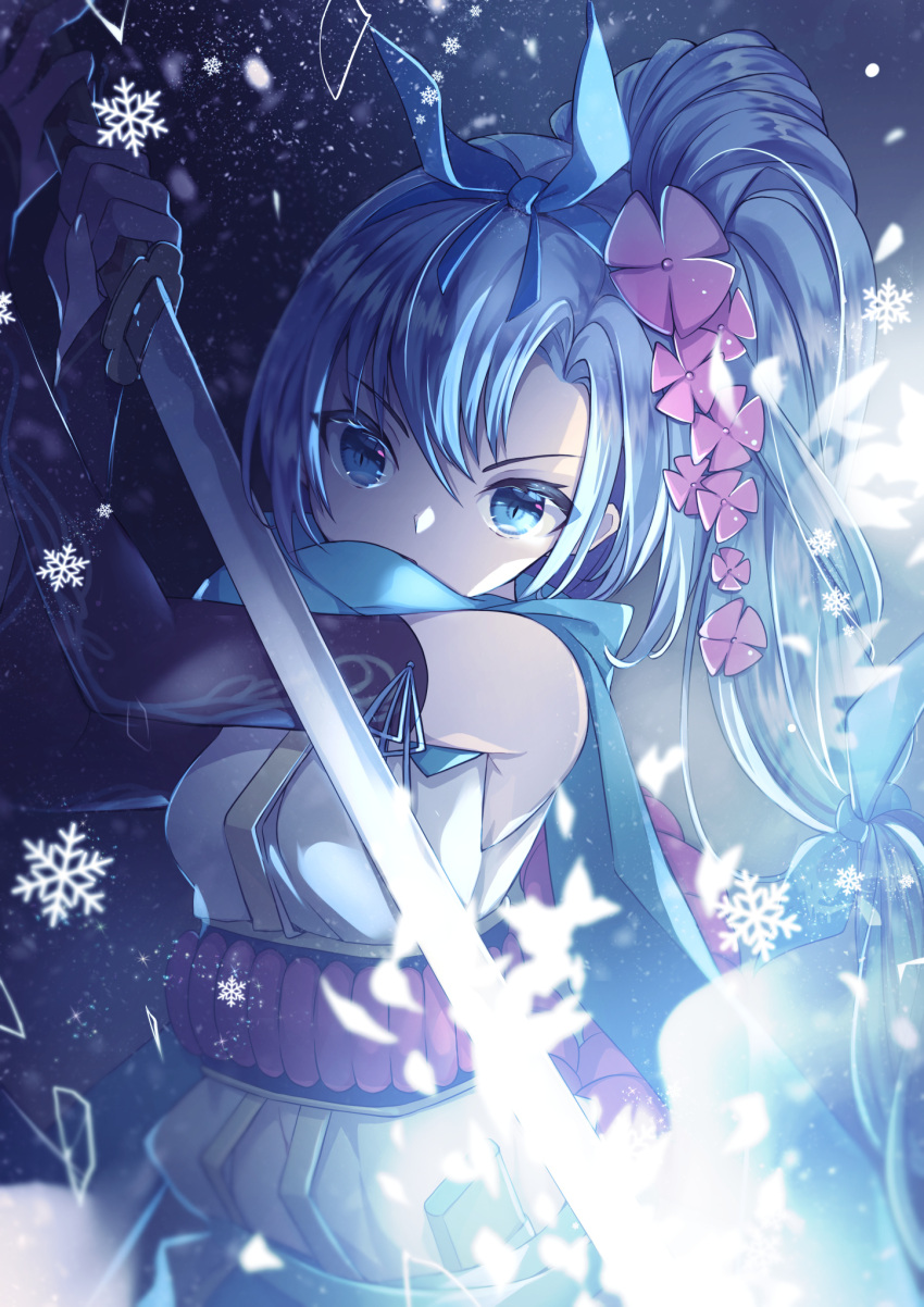 07touka25 1girl bangs bare_shoulders blue_eyes blue_hair cryokinesis dress elbow_sleeve flower frown hair_flower hair_ornament hair_ribbon hand_up highres holding holding_weapon katana kousetsu_samonji_(tenka_hyakken) light_blue_hair long_hair parted_bangs ribbon rope scarf serious shimenawa side_ponytail sleeveless sleeveless_dress snowflakes snowing sword tenka_hyakken weapon