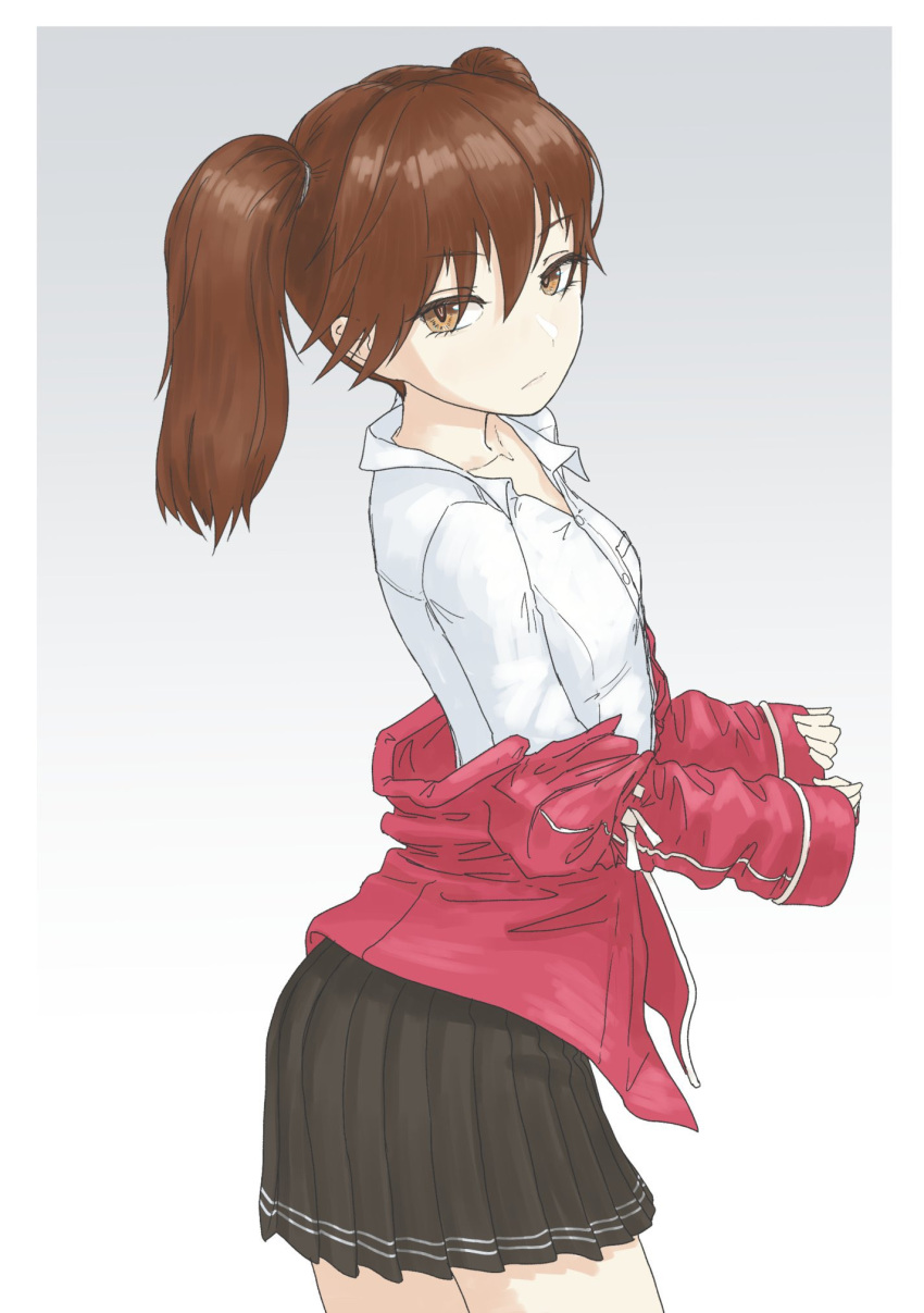 1girl black_skirt brown_eyes brown_hair cowboy_shot dress dress_shirt flat_chest gradient_background grey_background highres jacket japanese_clothes kantai_collection kariginu long_hair long_sleeves looking_at_viewer nito_(nshtntr) pleated_dress red_jacket ryuujou_(kancolle) shirt simple_background skirt solo standing twintails visor_cap white_shirt