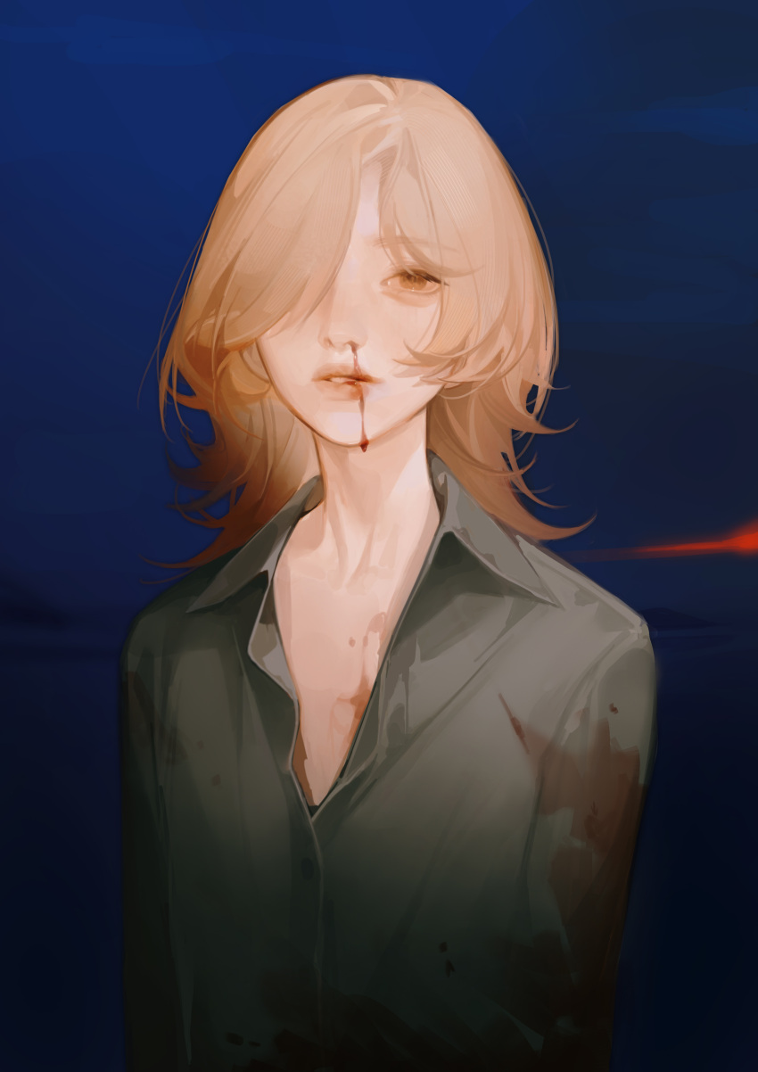 1girl absurdres androgynous arms_at_sides bags_under_eyes blonde_hair blood blue_background collared_shirt empty_eyes flipped_hair ginxiee grey_shirt hair_over_one_eye highres injury light_brown_hair lips long_sleeves looking_at_viewer nosebleed one_eye_covered original parted_lips shirt simple_background solo upper_body