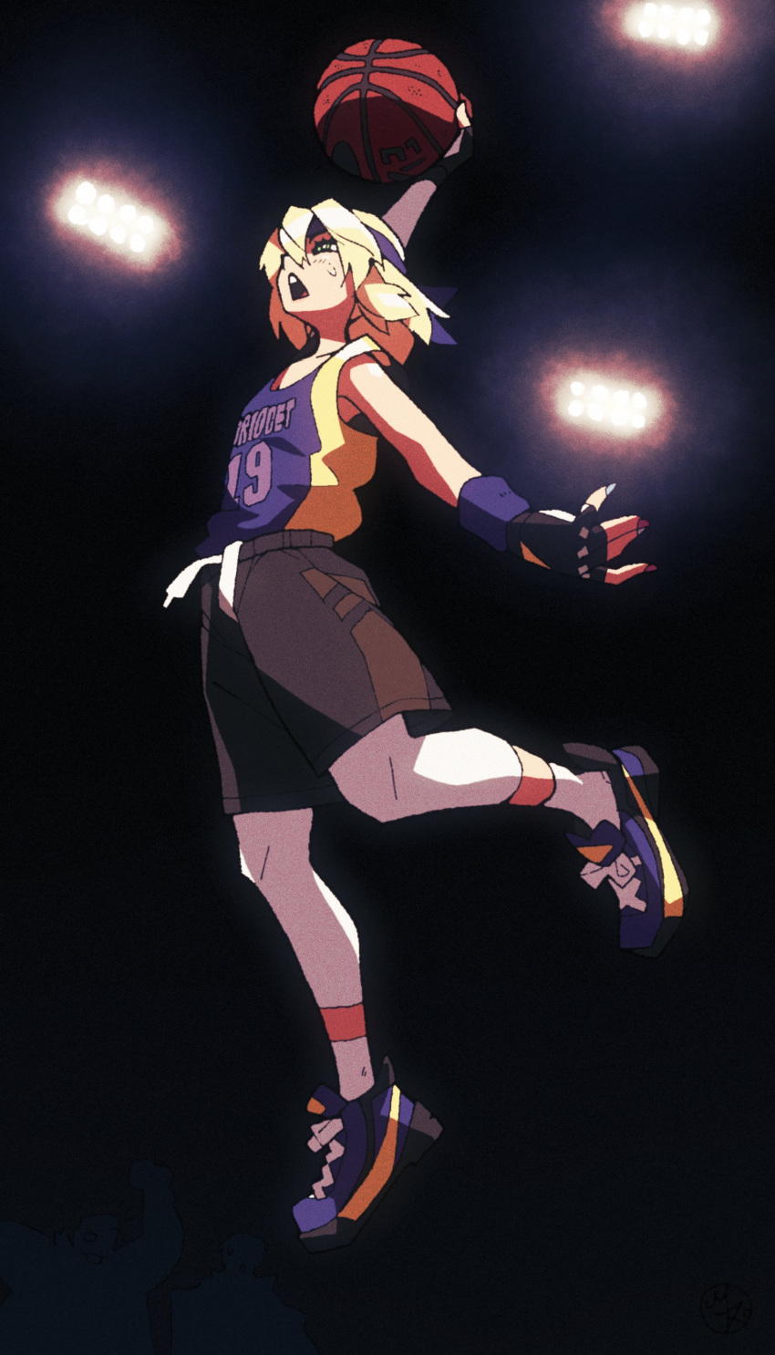 1boy absurdres alternate_costume aqua_eyes ball basketball basketball_court basketball_jersey basketball_uniform blonde_hair bridget_(guilty_gear) fingerless_gloves gloves guilty_gear guilty_gear_strive gym_shorts gym_uniform highres holding holding_ball jersey looking_to_the_side machitoons male_focus medium_hair open_mouth otoko_no_ko shoes shorts sneakers sportswear