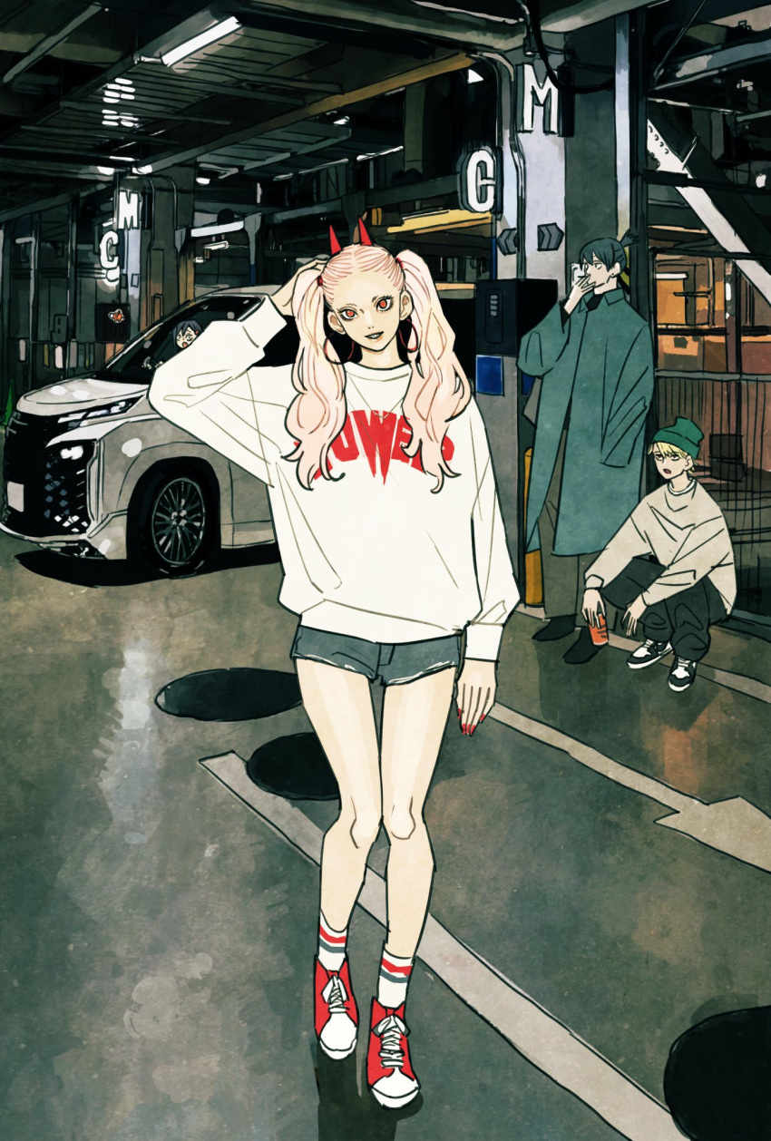 1girl 2boys beanie black_hair blonde_hair blue_coat chainsaw_man character_name cigarette coat denji_(chainsaw_man) hand_in_pocket hat hayakawa_aki highres holding holding_cigarette horns jacket long_hair looking_at_viewer looking_to_the_side multiple_boys parking_lot pink_hair power_(chainsaw_man) red_horns red_nails short_hair shorts smoking socks squatting striped striped_socks takeuchi_ryousuke topknot white_car white_jacket