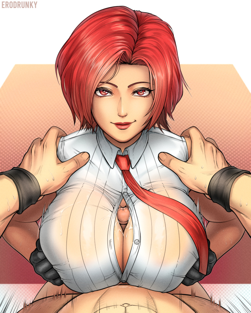 1boy 1girl bangs breasts breasts_squeezed_together erodrunky fighting_game hetero highres large_breasts looking_at_viewer out_of_frame paizuri paizuri_under_clothes penis perpendicular_paizuri pov pov_crotch pov_hands ramon_(kof) snk solo_focus the_king_of_fighters the_king_of_fighters_xiv the_king_of_fighters_xv vanessa_(kof)