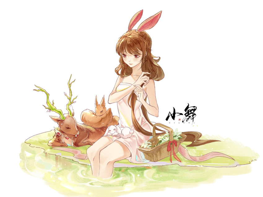 1girl animal_ears animal_on_lap artist_request bare_legs blush camisole closed_mouth deer douluo_dalu flower_basket grass hand_in_own_hair highres on_lap rabbit rabbit_ears ribbon second-party_source sitting sleeping squirrel water white_background white_camisole xiao_wu_(douluo_dalu)