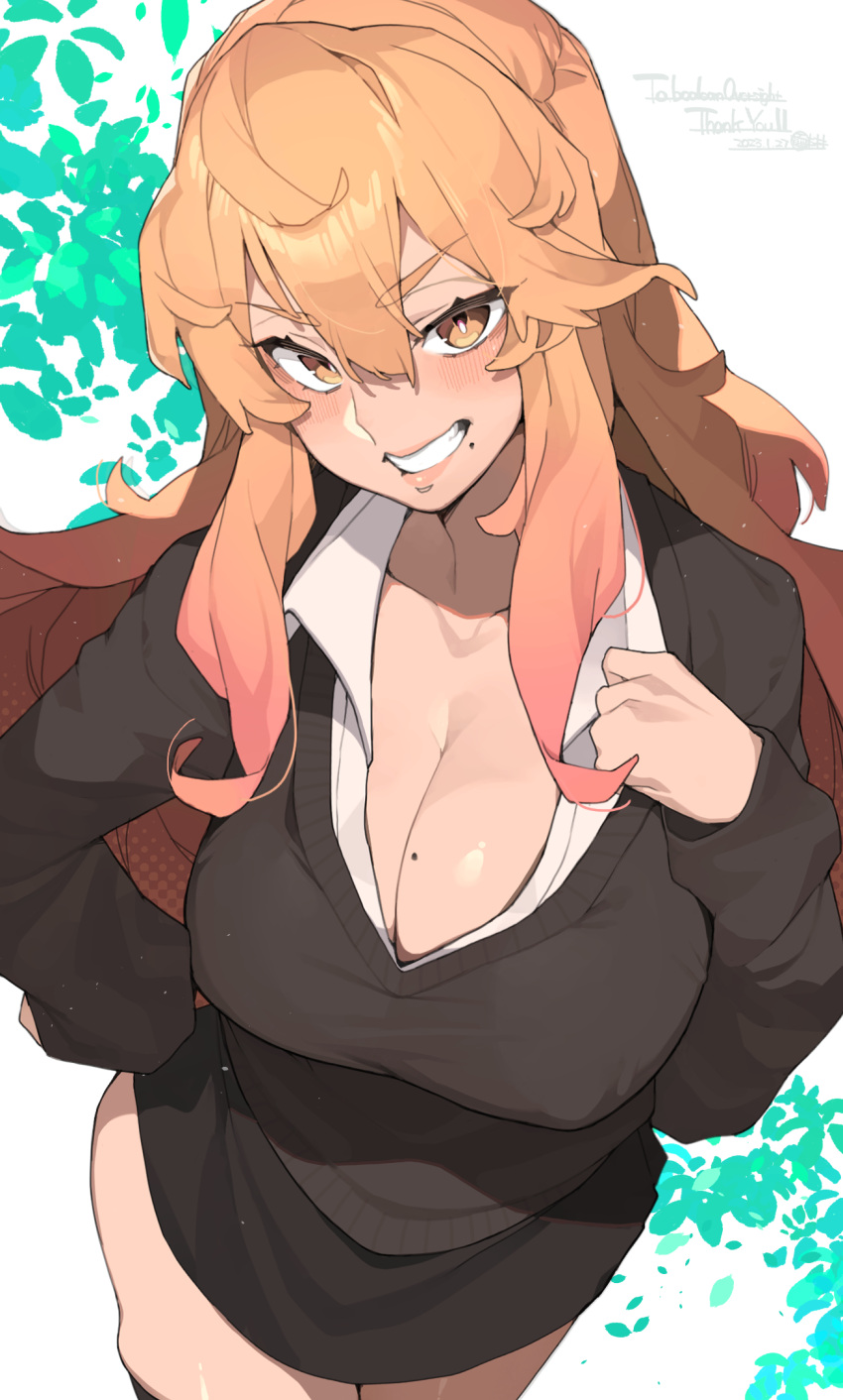 1girl bangs black_shirt blush breasts character_request cleavage copyright_request english_text hair_between_eyes hand_on_hip highres large_breasts lips lipstick long_hair makeup makingtawawa mole mole_on_breast orange_eyes orange_hair shirt smile solo