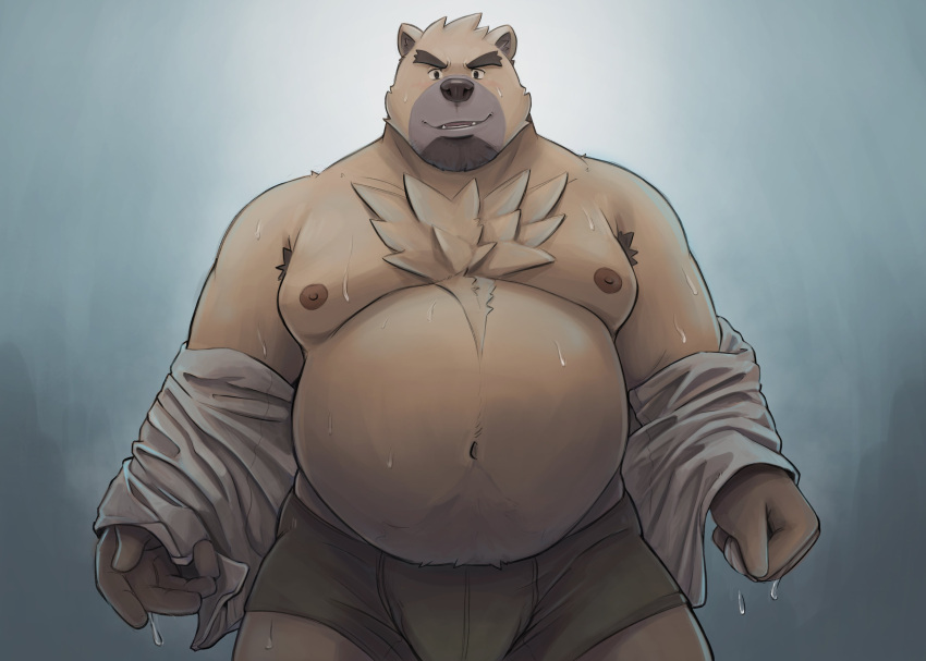 2023 absurd_res anthro bear belly big_belly bodily_fluids bulge clothed clothing hi_res humanoid_hands kemono male mammal moobs navel nipples open_clothing open_shirt open_topwear overweight overweight_male shirt solo sweat topwear underwear zcdartz