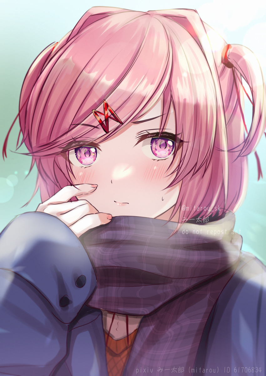 1girl absurdres artist_name bangs blue_coat blurry blurry_background blush coat doki_doki_literature_club hair_ornament hair_ribbon hairclip hand_on_own_face highres long_sleeves looking_at_viewer mi_tarou0412 natsuki_(doki_doki_literature_club) outdoors pink_eyes pink_hair plaid plaid_scarf purple_scarf ribbon scarf short_hair short_twintails sidelocks solo swept_bangs twintails twitter_username upper_body winter_clothes winter_uniform x_hair_ornament