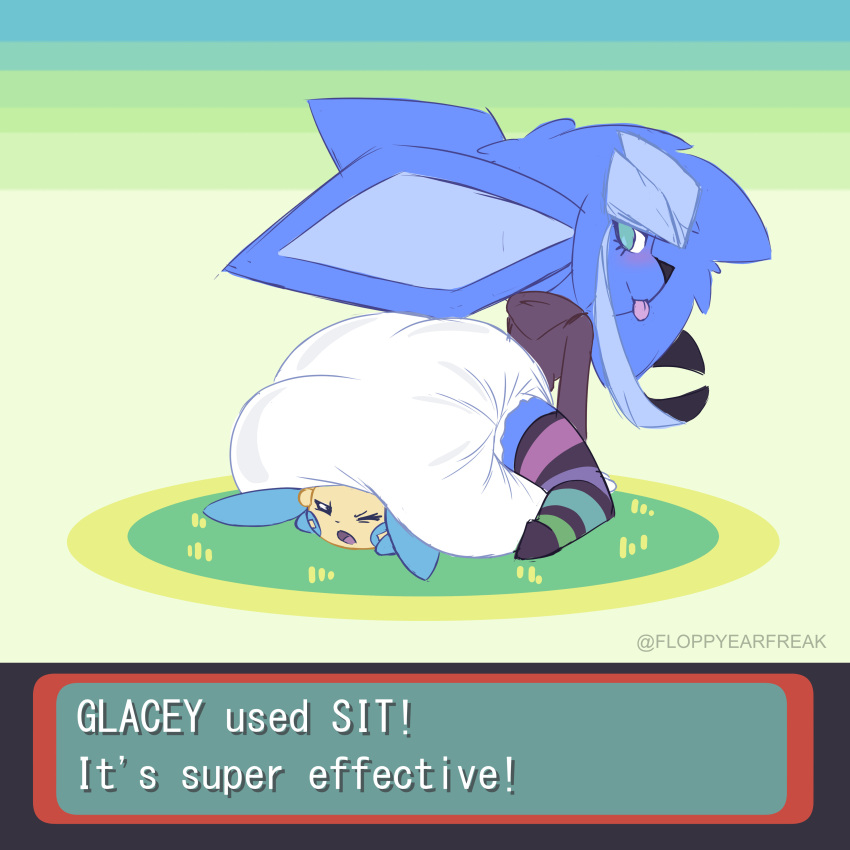 1:1 absurd_res ambiguous_gender anthro asymmetrical_hair big_diaper blue_body blue_hair blush butt chibi clean_diaper clothed clothing diaper diaper_fetish diaper_fur diaperfurry duo eeveelution english_text floppyearfreak gameplay_mechanics generation_3_pokemon generation_4_pokemon glaceon gui hair hi_res hoodie huge_diaper infantilism kc_(kingcrazy) kingcrazy leggings legwear long_ears looking_back male_(lore) minun nintendo pokemon pokemon_(species) short_stack simple_background sitting sitting_on_another size_difference smile teal_eyes text tongue tongue_out topwear wearing_diaper wide_hips