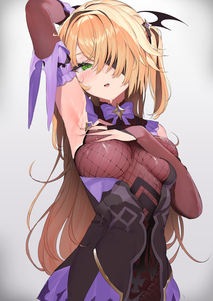 1girl absurdres armpits bangs blonde_hair blush bodysuit bow breasts bridal_gauntlets brown_sleeves fischl_(genshin_impact) genshin_impact gloves green_eyes hair_over_one_eye highres large_breasts long_hair looking_at_viewer one_eye_covered open_mouth pomesaurus purple_bow solo teeth twintails upper_teeth_only
