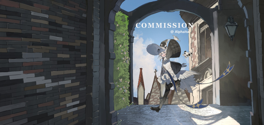 arm_up black_footwear blue_eyes chocolate_(jitong) church commission cross day dog gloves hat hedge highres lantern original outdoors solo watermark white_gloves white_hair wide_sleeves witch_hat