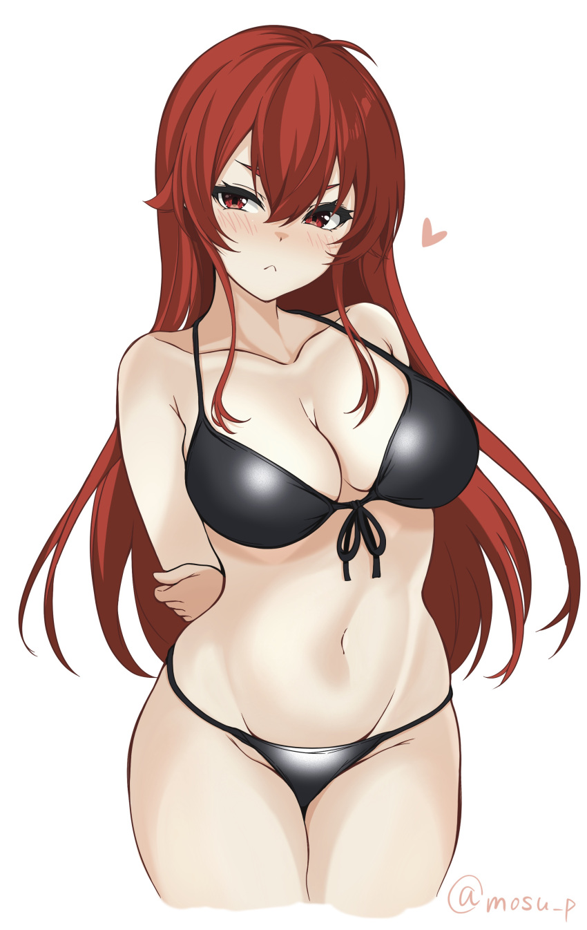 1girl absurdres arms_behind_back bangs bikini black_bikini blush breasts cleavage collarbone cowboy_shot cropped_legs eris_greyrat frown groin hair_between_eyes heart highres large_breasts long_hair looking_at_viewer mushoku_tensei navel ponzu005 red_eyes red_hair simple_background solo stomach string_bikini swimsuit thighs twitter_username white_background