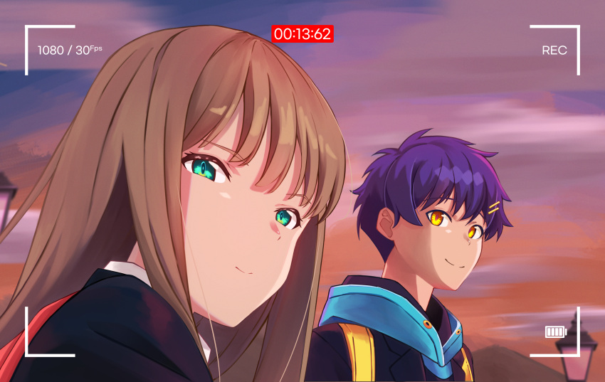 1boy 1girl absurdres asanaka_yomogi backpack bad_id bad_pixiv_id bag blue_hair dusk eyebrows_hidden_by_hair green_eyes gridman_universe hair_ornament highres hood hoodie kaiserxtask lamppost light_brown_hair minami_yume smile ssss.dynazenon viewfinder yellow_eyes