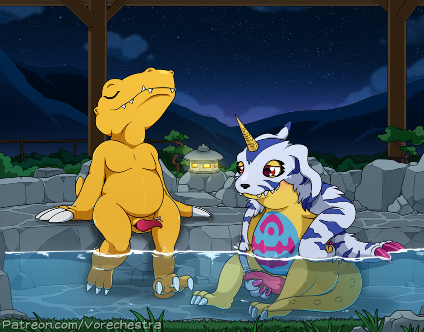 2023 agumon animal_genitalia animal_penis animal_skin bandai_namco bathing belly casual_exposure claws cloud detailed_background digimon digimon_(species) duo feet feet_in_water feral gabumon genital_slit genitals holding_penis horn hot_spring lamp lantern looking_at_another looking_at_partner male male/male masturbation mountain night nude orange_body outside partially_submerged penis pink_penis pose presenting presenting_penis proud red_eyes rock scalie shaded short_tail sky slightly_chubby slit spread_legs spreading star starry_sky tail tapering_penis tapering_tail text url vorechestra water waterline_view watermark yellow_body