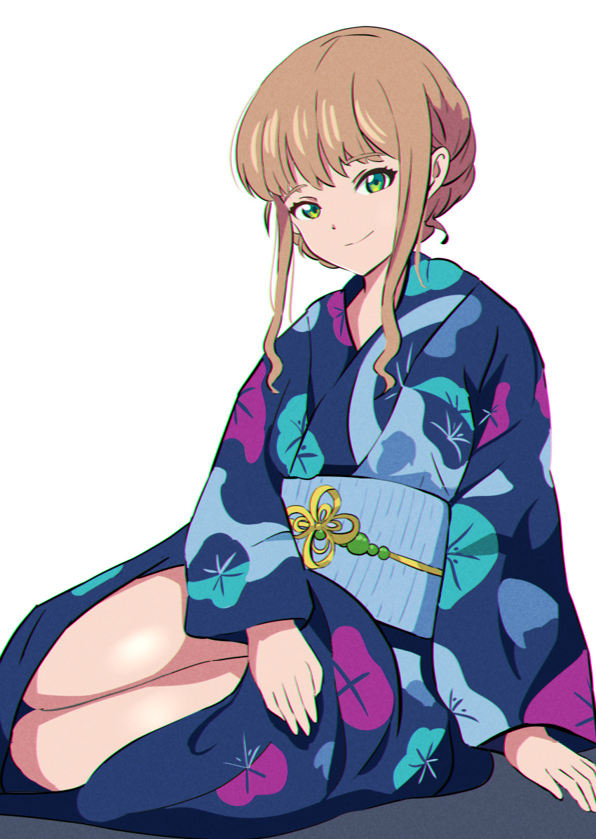 1girl absurdres bad_id bad_pixiv_id bangs eyebrows_hidden_by_hair green_eyes gridman_universe highres japanese_clothes kimono light_brown_hair minami_yume oni-_-on simple_background sitting smile ssss.dynazenon thighs