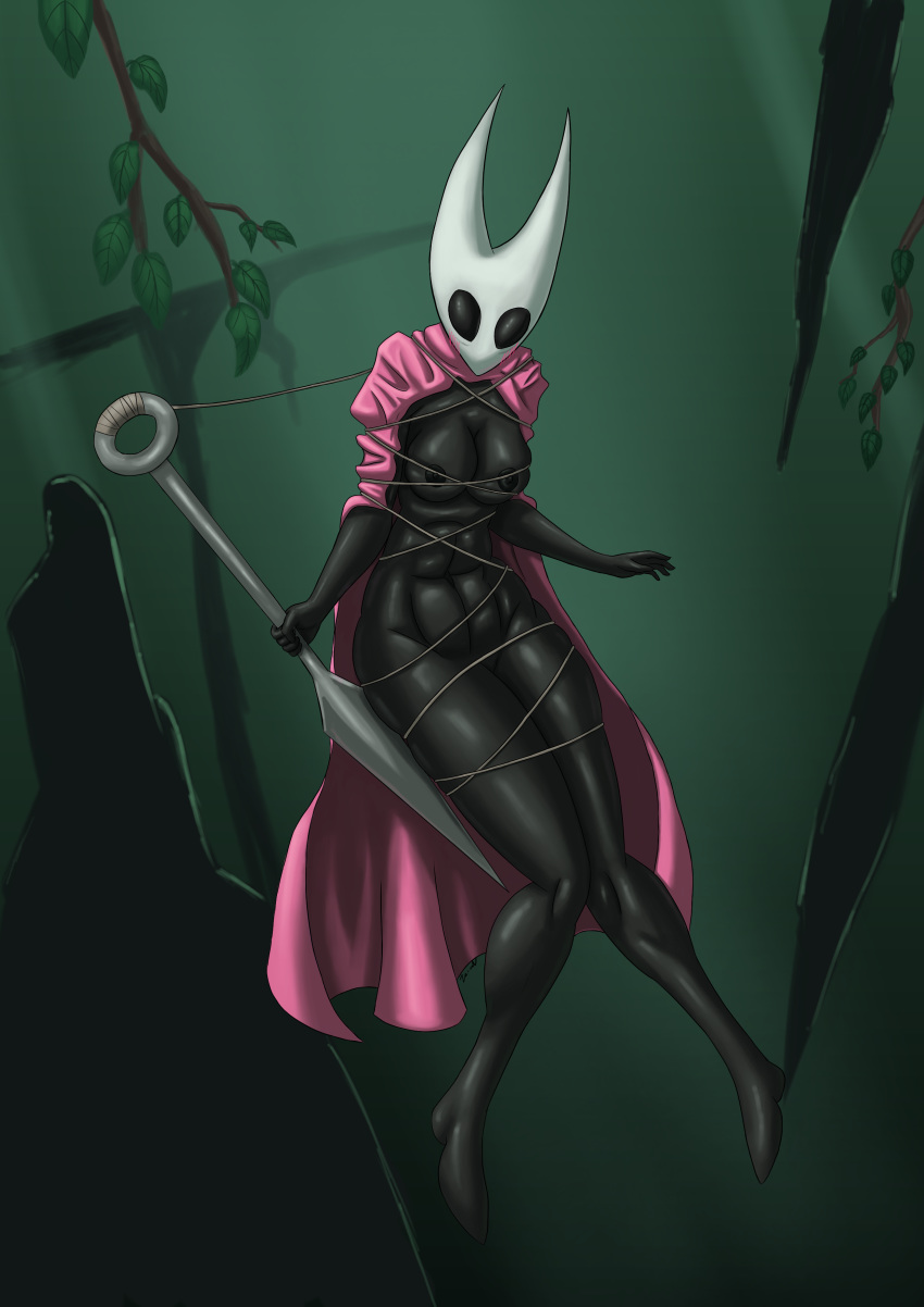 anthro arthropod blush bound breasts clothing detailed_background digital_media_(artwork) female hi_res hollow_knight hornet_(hollow_knight) insect nail_(weapon) nipples nude poncho shiny solo string suspended_in_midair za-owl