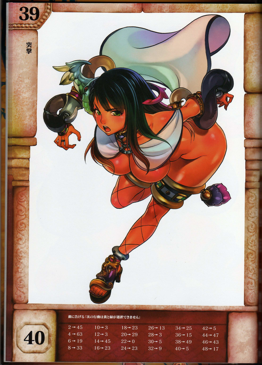 absurdres ass bare_shoulders bent_over black_hair bracelet breasts choker cleavage dark_skin f.s. fishnet_legwear fishnets gradient_hair green_eyes highres jewelry large_breasts lunaluna_(queen's_blade) multicolored_hair queen's_blade queen's_blade_rebellion revealing_clothes sandals smile solo thighhighs