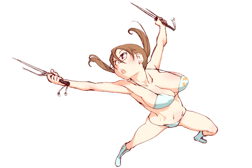 bikini boots breasts brown_hair cleavage copyright_request glasses large_breasts oono_tsutomu outstretched_arms red_eyes solo swimsuit twintails weapon