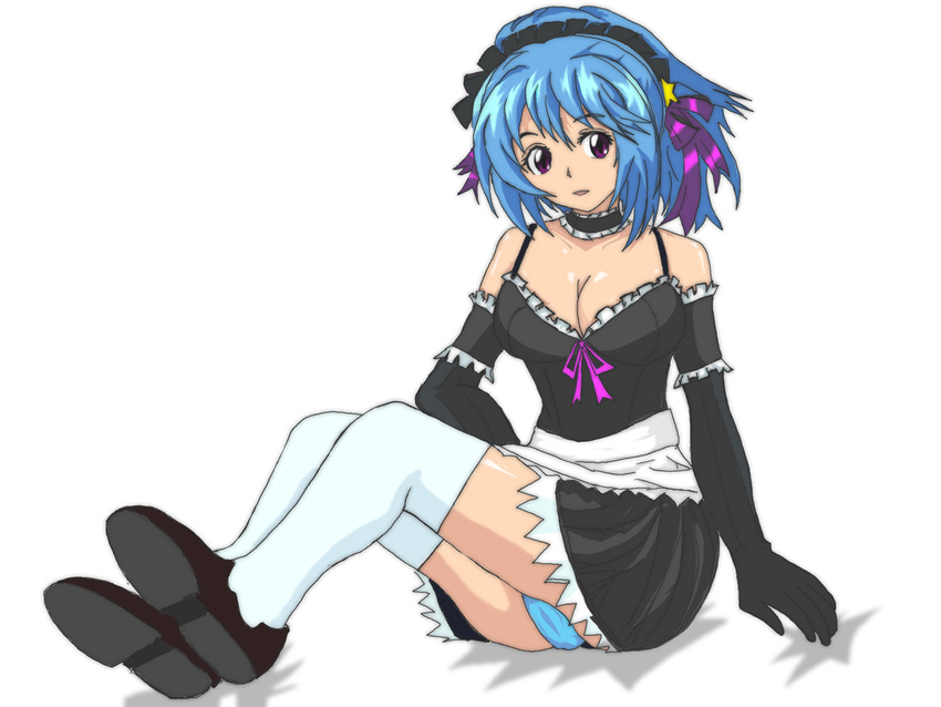 blue_hair blue_panties breasts cleavage demon_girl dress gloves hair_ribbon kurono_kurumu kuruno_kurumu legwear maid maid_apron panties purple_eyes ribbon rosario+vampire see-through see_through stockings succubus thighhighs underwear