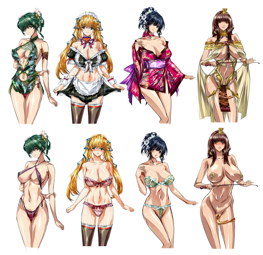 bad_id bad_pixiv_id blonde_hair blue_hair breasts brown_hair cleavage egyptian green_eyes highres japanese_clothes kimono large_breasts lingerie long_hair maebari medium_breasts midriff multiple_girls navel original panties q_azieru short_hair thighhighs twintails underwear underwear_only