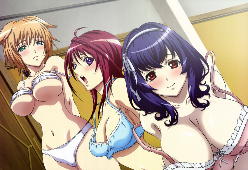 absurdres ahoge arms_behind_back blue_hair blush bra bra_lift breasts cleavage embarrassed frown green_eyes hairband highres huge_breasts itadaki_shinji large_breasts lingerie multiple_girls non-web_source nyantype official_art open_mouth orange_hair oribe_mafuyu panties purple_eyes red_eyes red_hair seikon_no_qwaser short_hair smile strap_slip surprised teresa_beria underboob underwear underwear_only undressing white_panties yamanobe_tomo