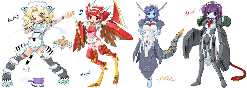 blush byakko four_holy_beasts genbu robot_ears robot_girl seiryu seiryuu suzaku tail wings