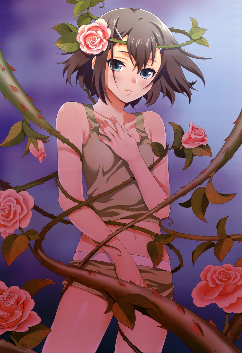 absurdres androgynous baka_to_test_to_shoukanjuu blue_eyes brown_hair flower highres kinoshita_hideyoshi male_focus mattaku_mousuke nyantype otoko_no_ko plant rose solo vines