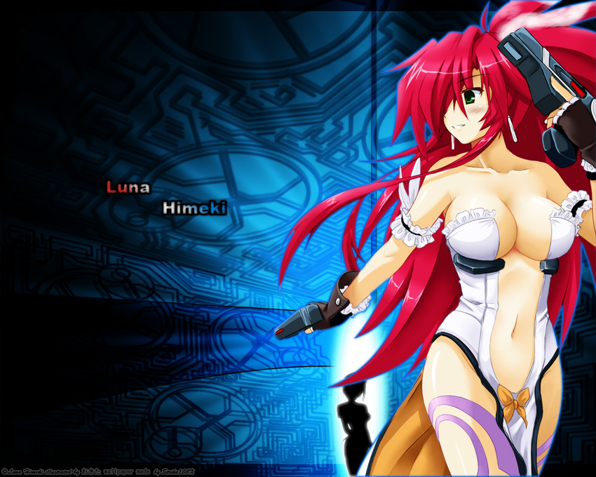 blush breasts cleavage gun himeki_luna red_hair smile vanguard_princess weapon