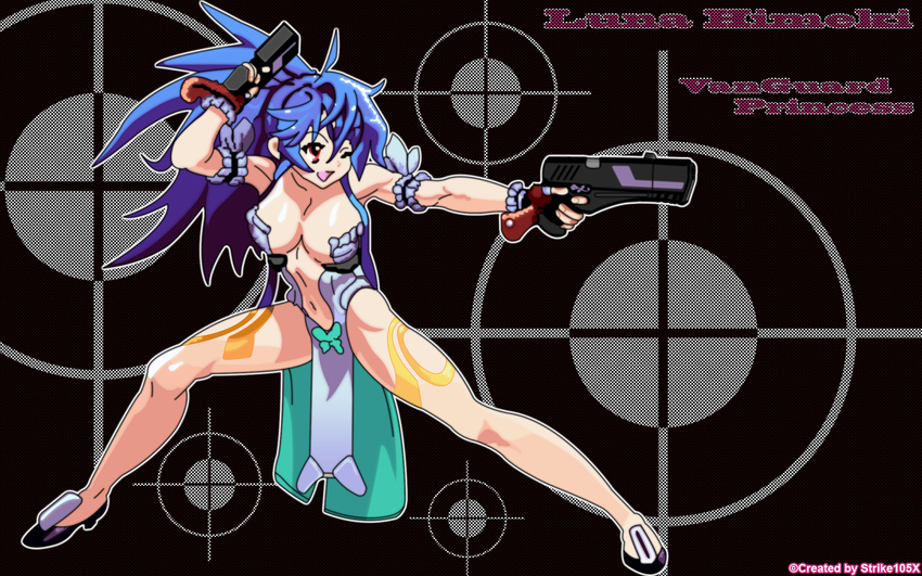 breasts cleavage gun highres himeki_luna smile vanguard_princess weapon wink