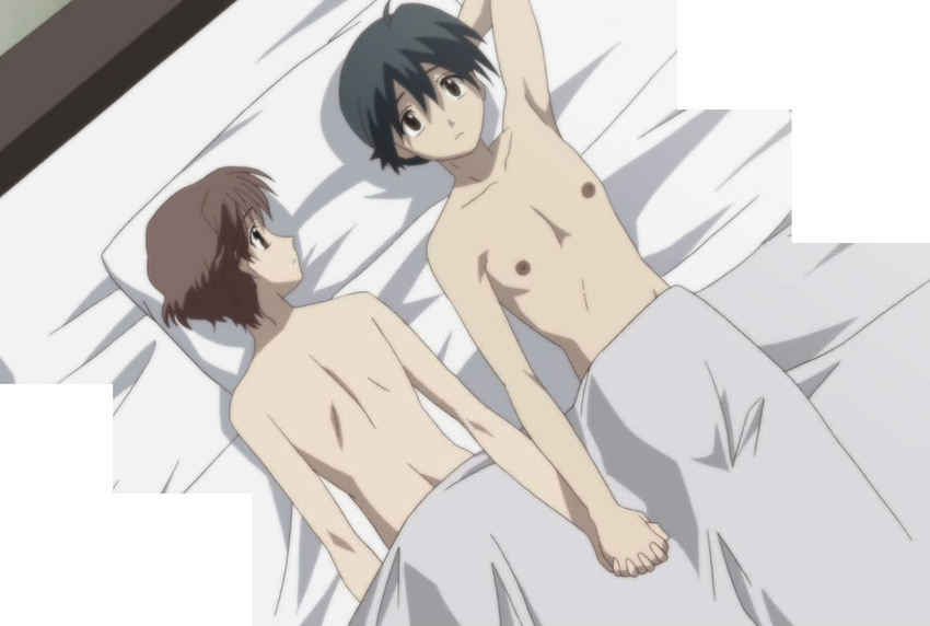 0verflow 2boys aftersex ashikaga_yuuki bed bedroom brown_eyes brown_hair cross_days frown game_cg hand_holding itou_makoto male male_focus multiple_boys naked_sheet nipples nude school_days stitched yaoi