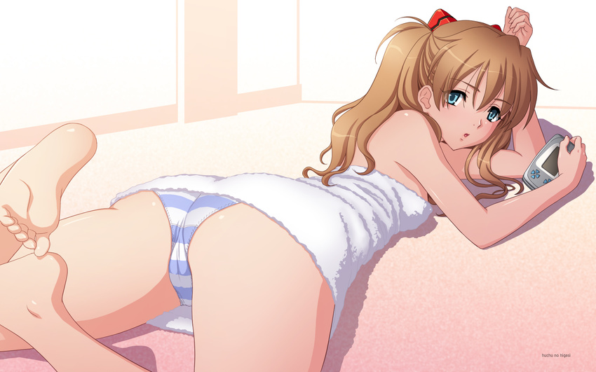 ass barefoot blue_eyes brown_hair cameltoe feet from_behind handheld_game_console highres looking_back lying neon_genesis_evangelion on_stomach panties soles solo souryuu_asuka_langley striped striped_panties tadano_akira towel underwear wallpaper wonderswan