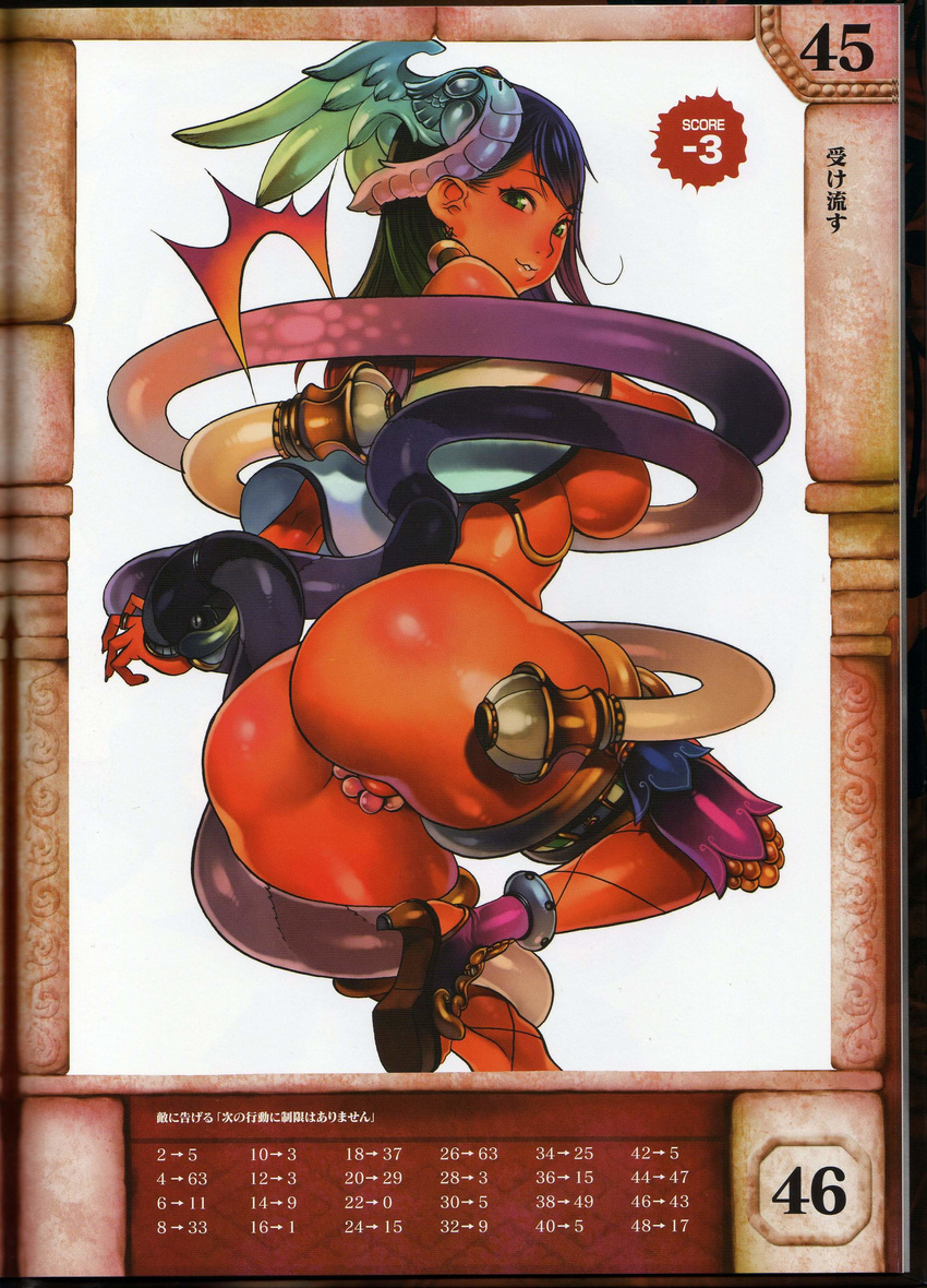 absurdres ass bare_shoulders black_hair bracelet breasts dark_skin f.s. fishnet_legwear fishnets gradient_hair green_eyes hair_ornament highres jewelry large_breasts lunaluna_(queen's_blade) multicolored_hair pearl_thong queen's_blade queen's_blade_rebellion revealing_clothes sandals sideboob smile thighhighs underboob