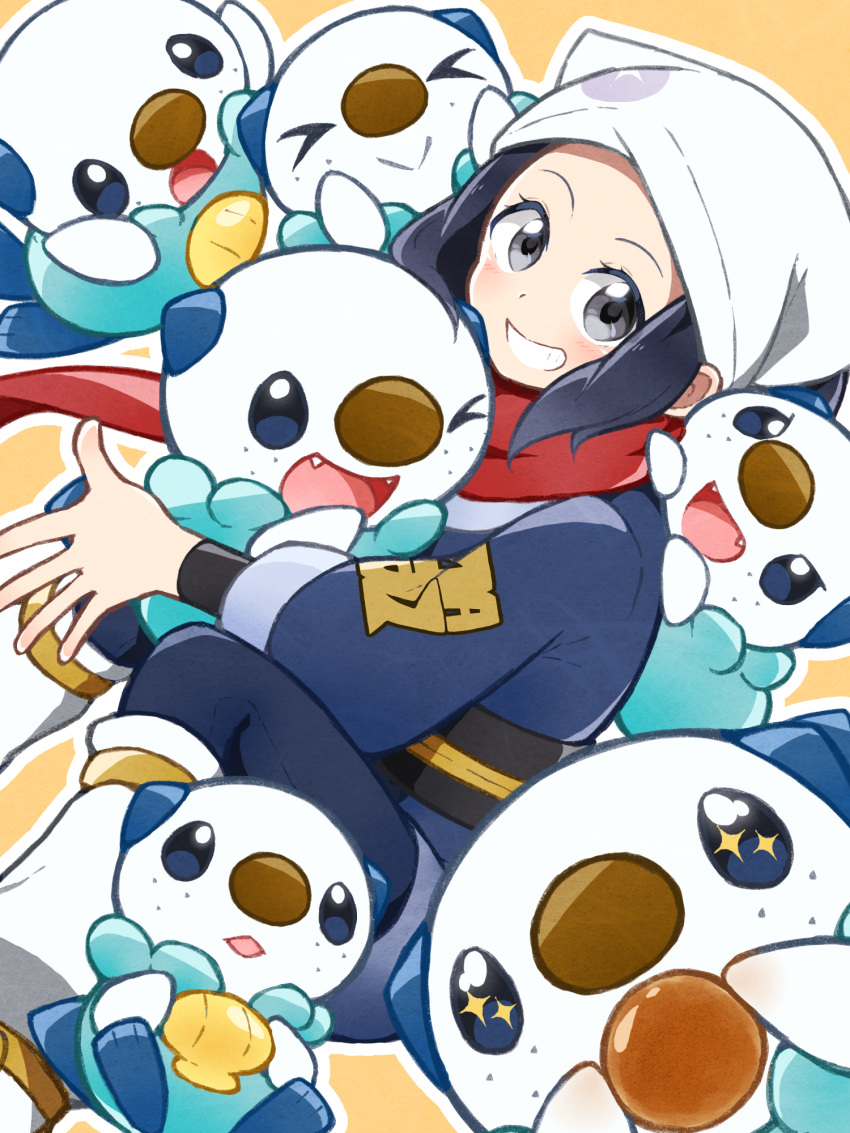 &gt;_o 1girl akari_(pokemon) black_hair black_sash black_shirt commentary_request eyelashes fangs floating_scarf grey_eyes grin head_scarf highres holding holding_pokemon jacket logo loose_socks mijumaruko one_eye_closed open_mouth oshawott outline pantyhose pokemon pokemon_(creature) pokemon_(game) pokemon_legends:_arceus red_scarf sash scarf shirt sidelocks smile socks sparkling_eyes teeth white_headwear white_socks yellow_background