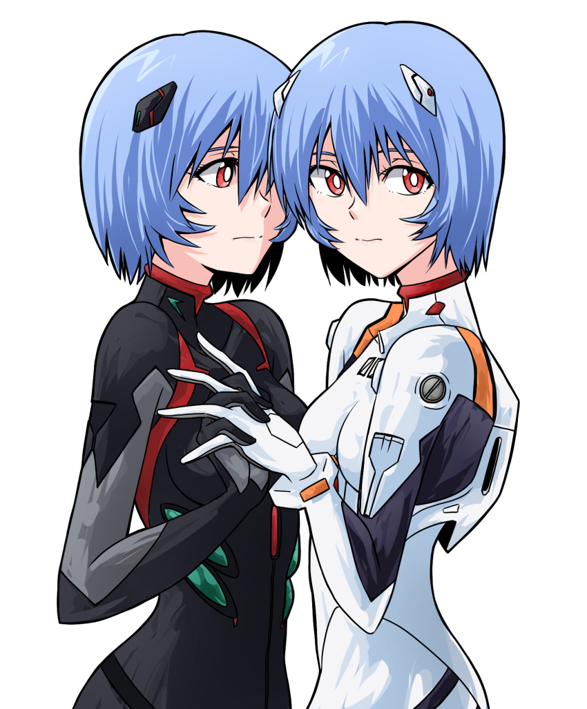 2girls ayanami_rei bangs black_bodysuit blue_hair bodysuit breasts closed_mouth evangelion:_3.0+1.0_thrice_upon_a_time hair_between_eyes highres interface_headset interlocked_fingers looking_at_viewer medium_breasts multiple_girls neon_genesis_evangelion pilot_suit plugsuit rebuild_of_evangelion red_eyes sasihmi short_hair white_background white_bodysuit