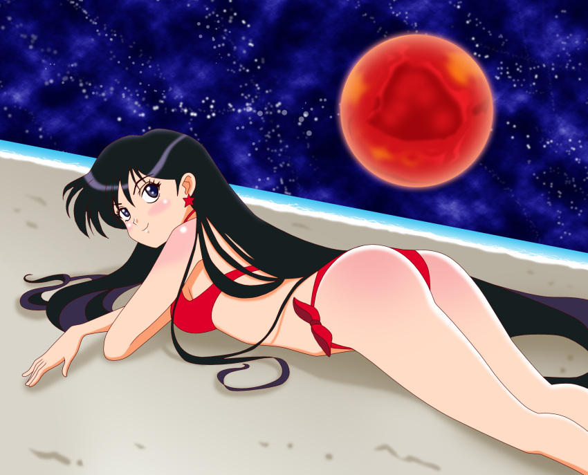 1girl absurdres ass bikini bishoujo_senshi_sailor_moon black_hair blue_eyes closed_mouth earrings highres jewelry long_hair lying madefanart mars_(planet) red_bikini sailor_mars sand smile solo star_(symbol) star_earrings swimsuit