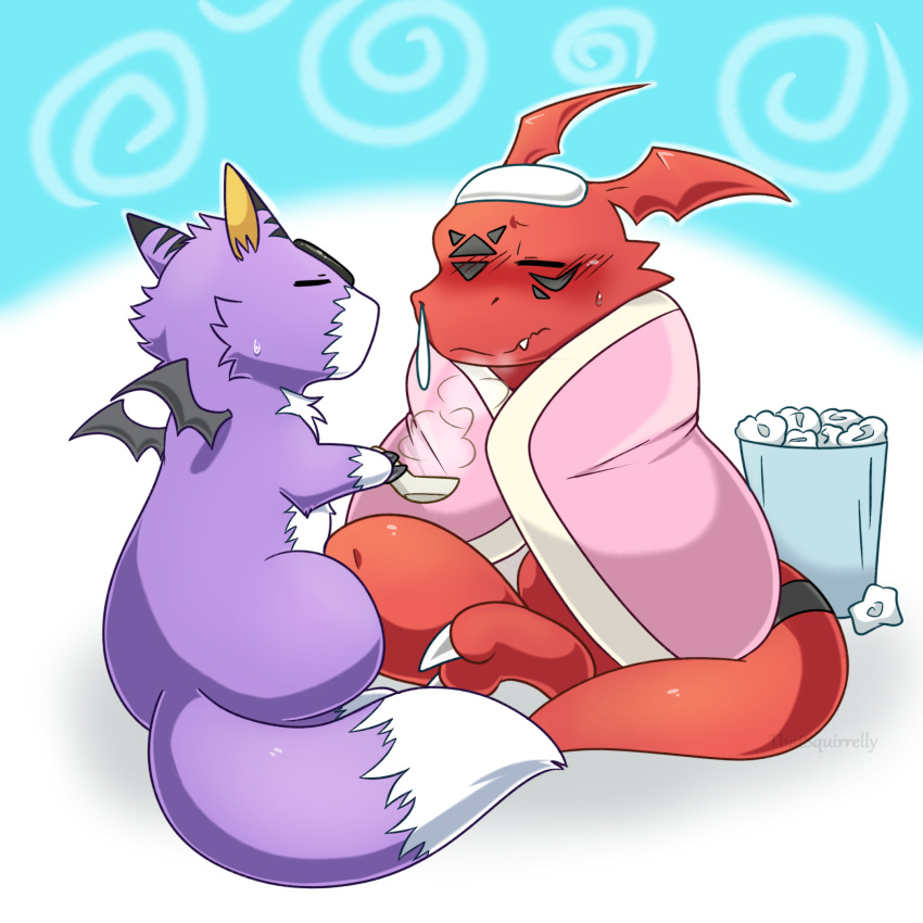 anthro bandai_namco bedding beverage blanket blush bodily_fluids caring container cup digimon digimon_(species) dorumon dragon duo fur furred_dragon guilmon hair hi_res icepack ill male purple_hair red_body scalie snot tea tea_cup thatsquirrelly wings x-digimon