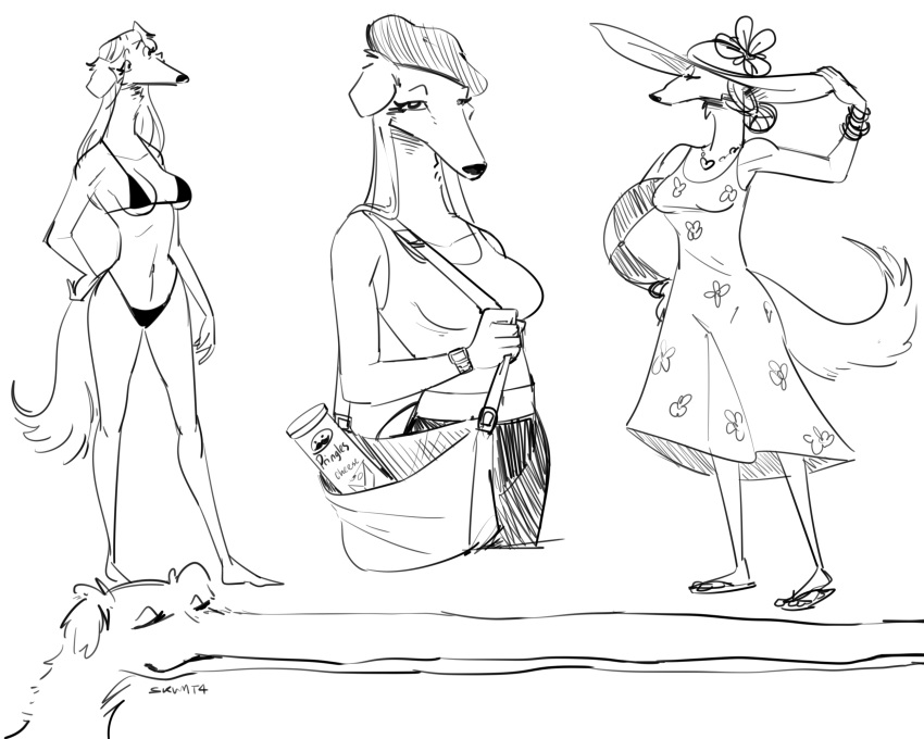 anthro bag ball beach_ball bikini bikini_bottom bikini_top borzoi bottomwear bracelet breasts canid canine canis cheese clothed clothing dairy_products domestic_dog dress eyes_closed female flip_flops food footwear full-length_portrait hair hat headgear headwear hi_res holding_object hunting_dog inflatable jewelry long_snout looking_away mammal monochrome necktie portrait pringles sandals shirt shorts sighthound simple_background sketch skimpy skimpy_bikini skwmt4 snout solo swimwear topwear watermark white_background