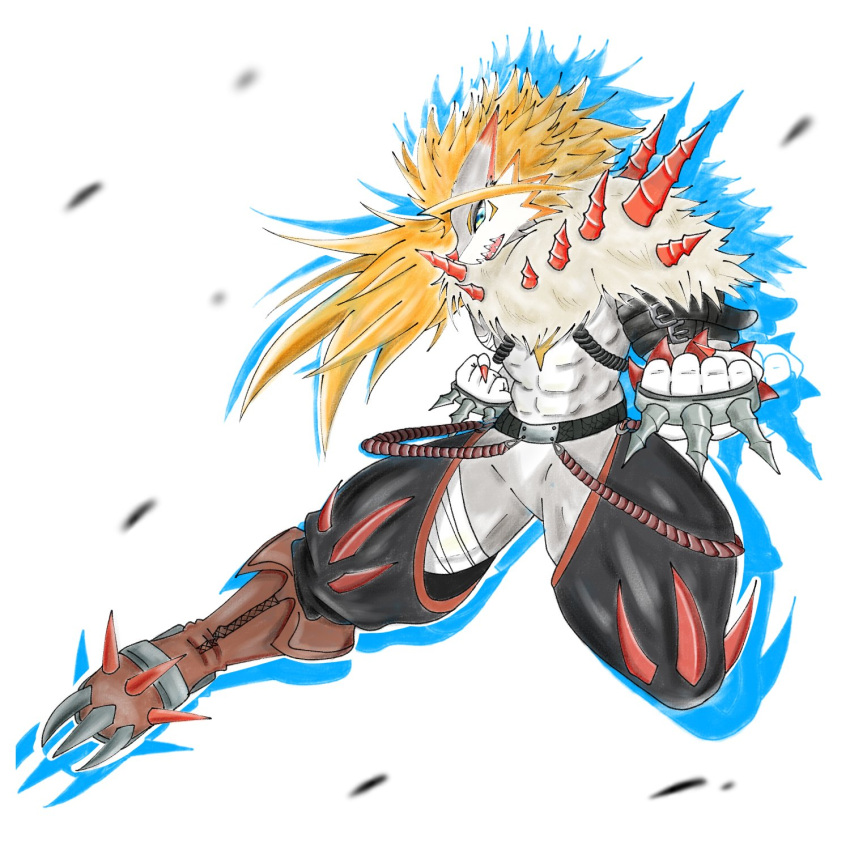 abs anthro bandai_namco blue_eyes claws clothing crotchless_bottomwear crotchless_clothing digimon digimon_(species) digital_itachi7 hair hi_res long_hair male orange_hair simple_background solo spiked_gauntlets spikes spiky_hair stefilmon white_background