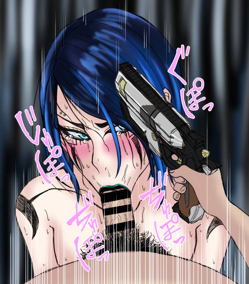 1boy 1girl :&gt;= absurdres apex_legends artist_request bar_censor blue_eyes blue_hair blush catalyst_(apex_legends) censored crying crying_with_eyes_open fellatio green_lips gun hetero highres holding holding_gun holding_weapon lipstick makeup nude oral penis pov pubic_hair rape short_hair sweat tears threat weapon