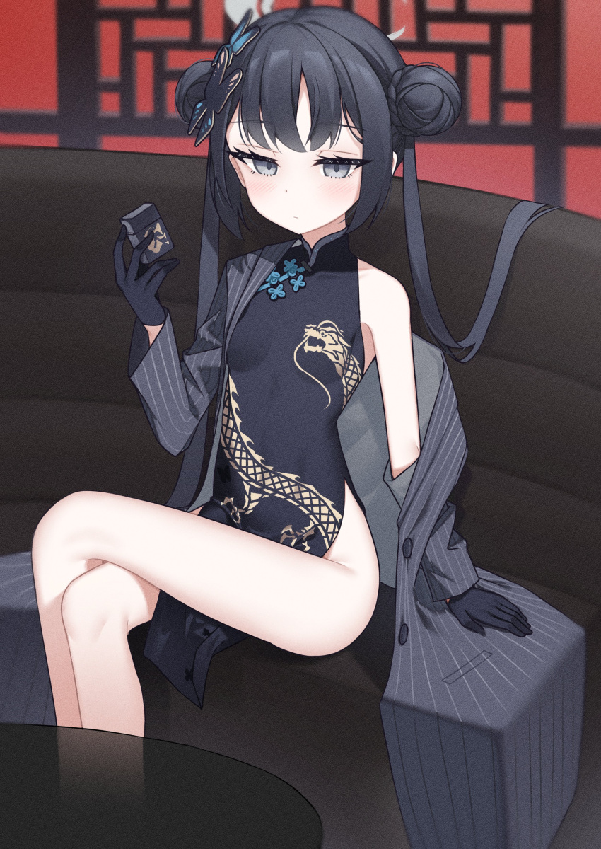 1girl absurdres black_dress black_gloves black_hair black_jacket blue_archive breasts butterfly_hair_ornament china_dress chinese_clothes couch crossed_legs double_bun dress gloves grey_eyes hair_bun hair_ornament halo highres holding holding_lighter jacket kisaki_(blue_archive) lighter long_hair looking_at_viewer off_shoulder pinstripe_jacket pinstripe_pattern side_slit sitting small_breasts solo striped twintails tyobis.