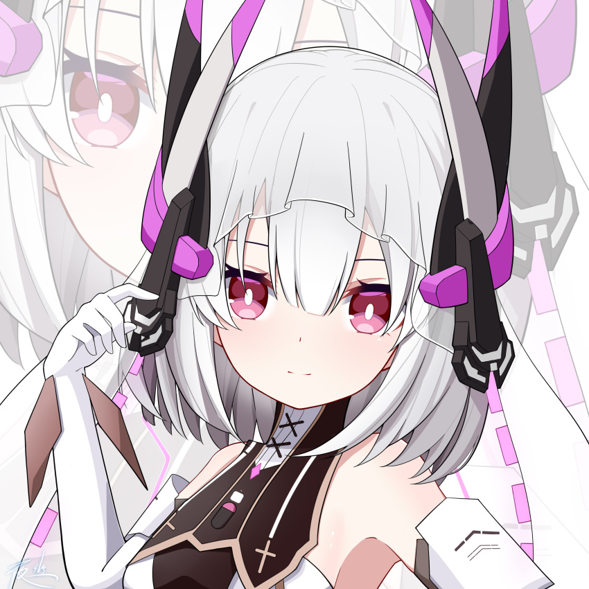 1girl absurdres bare_shoulders bridal_veil closed_mouth commentary_request elbow_gloves gloves grey_hair hair_between_eyes headgear headphones highres liv_(punishing:_gray_raven) long_hair punishing:_gray_raven purple_eyes user_pwny8774 veil white_gloves