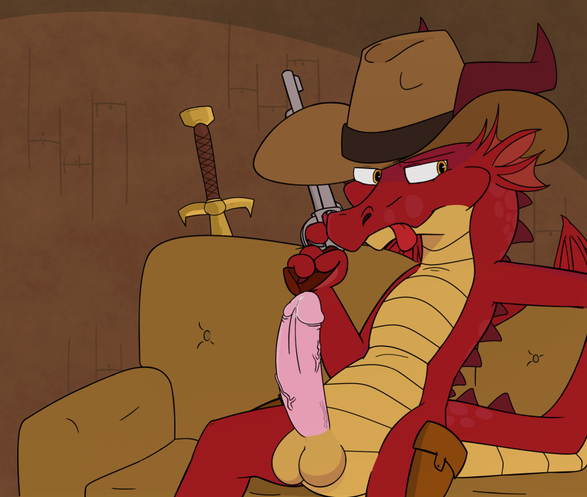 anthro balls belly big_penis clothing costume cowboy cowboy_hat dragon erection furniture genitals hat headgear headwear henry_(henrycharizardboi) henrycharizardboi hi_res holding_object holding_weapon holster lizard male melee_weapon on_sofa penis red_body red_scales reptile scales scalie sitting sitting_on_sofa smug smug_face sofa solo sword throbbing throbbing_penis tongue tongue_out wall_(structure) weapon western_dragon wood wood_wall yellow_belly yellow_eyes