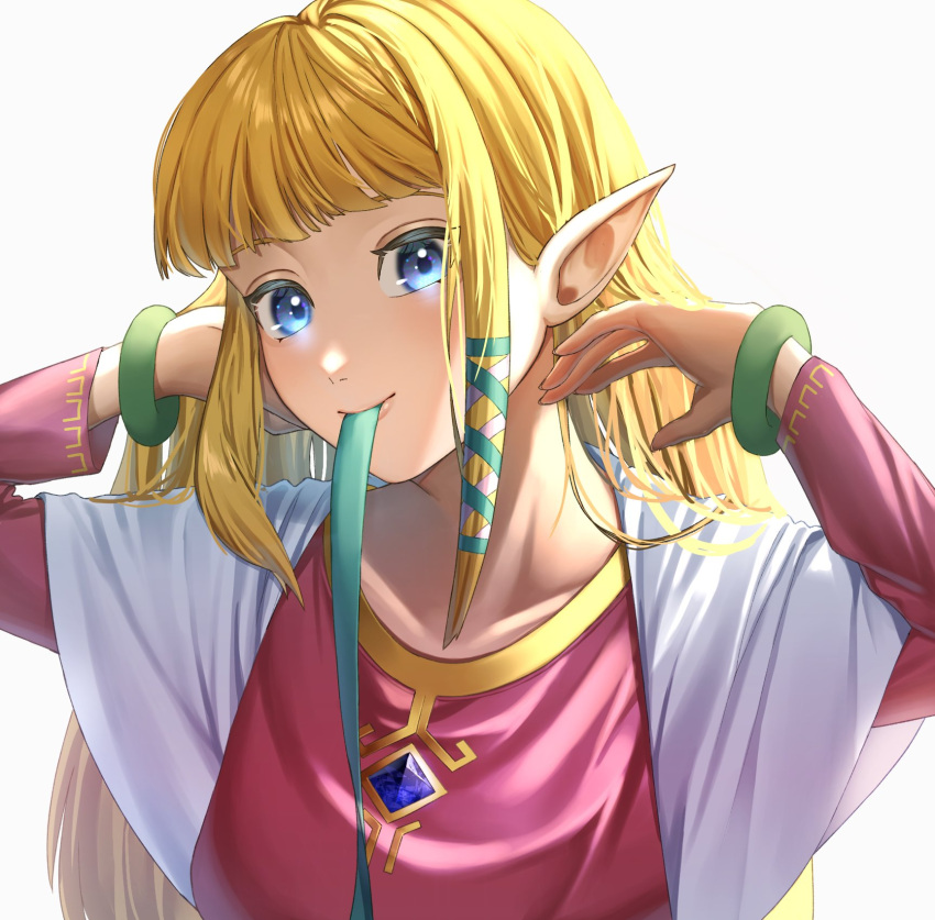 1girl arms_up bangs blonde_hair blue_eyes blush dress highres jewelry jimaku long_hair long_sleeves necklace pink_dress pointy_ears princess_zelda shawl simple_background smile solo the_legend_of_zelda the_legend_of_zelda:_skyward_sword white_background