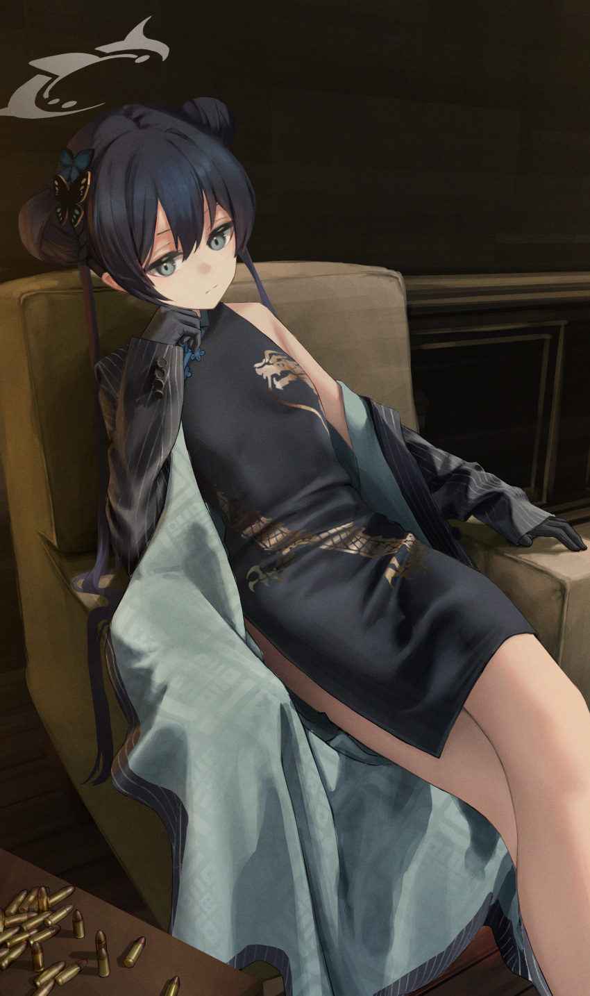 1girl absurdres black_dress black_gloves black_hair black_jacket blue_archive butterfly_hair_ornament chair china_dress chinese_clothes crossed_legs double_bun dress gloves grey_eyes hair_bun hair_ornament halo hand_on_own_face head_rest highres jacket kisaki_(blue_archive) koseikogani long_hair lounge_chair off_shoulder pinstripe_jacket pinstripe_pattern shell_casing sitting solo striped twintails