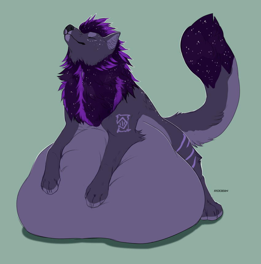 ambiguous_gender artist_name belly big_belly canid dipstick_tail eyes_closed feral full-length_portrait fur hi_res huge_belly leg_tuft mammal markings mouth_closed portrait purple_body purple_fur roobin solo striped_legs tail tail_markings tuft